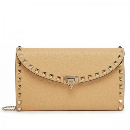 Valentino Rockstud Wallet with Chain in Beige Grained Leather