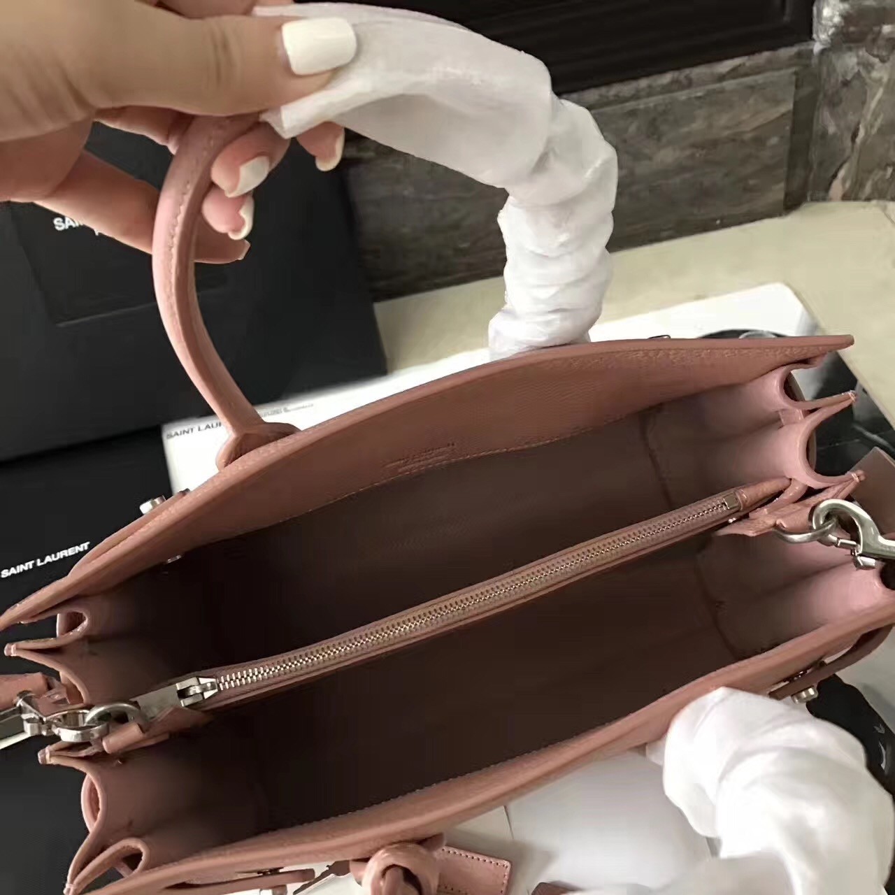 Replica Saint Laurent Baby Sac de Jour Souple Bag In Nude Grained Leather