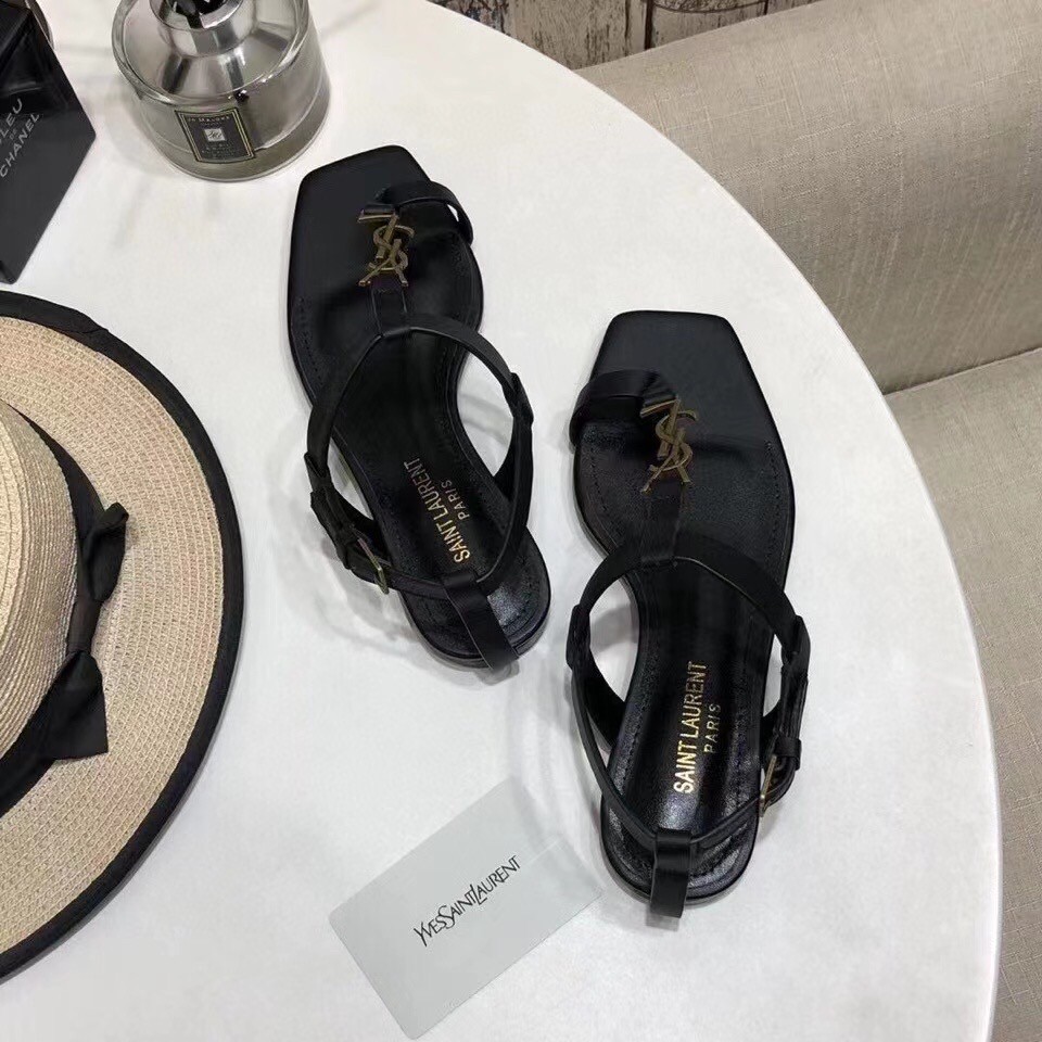 Replica Saint Laurent Cassandra Flat Sandals In Black Calfskin