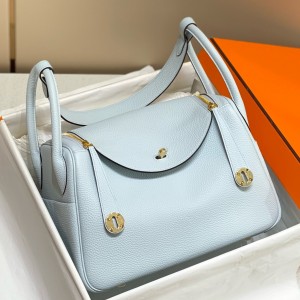 Hermes Lindy 30cm Bag In Blue Brume Clemence Leather GHW
