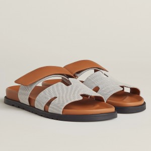 Hermes Men's Chypre Sandals In Canvas with Brown Leather 