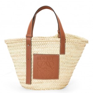 Loewe Medium Basket Bag in Raffia and Brown Calfskin