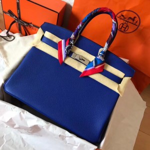 Hermes Blue Lin Clemence Birkin 25cm Handmade Bag